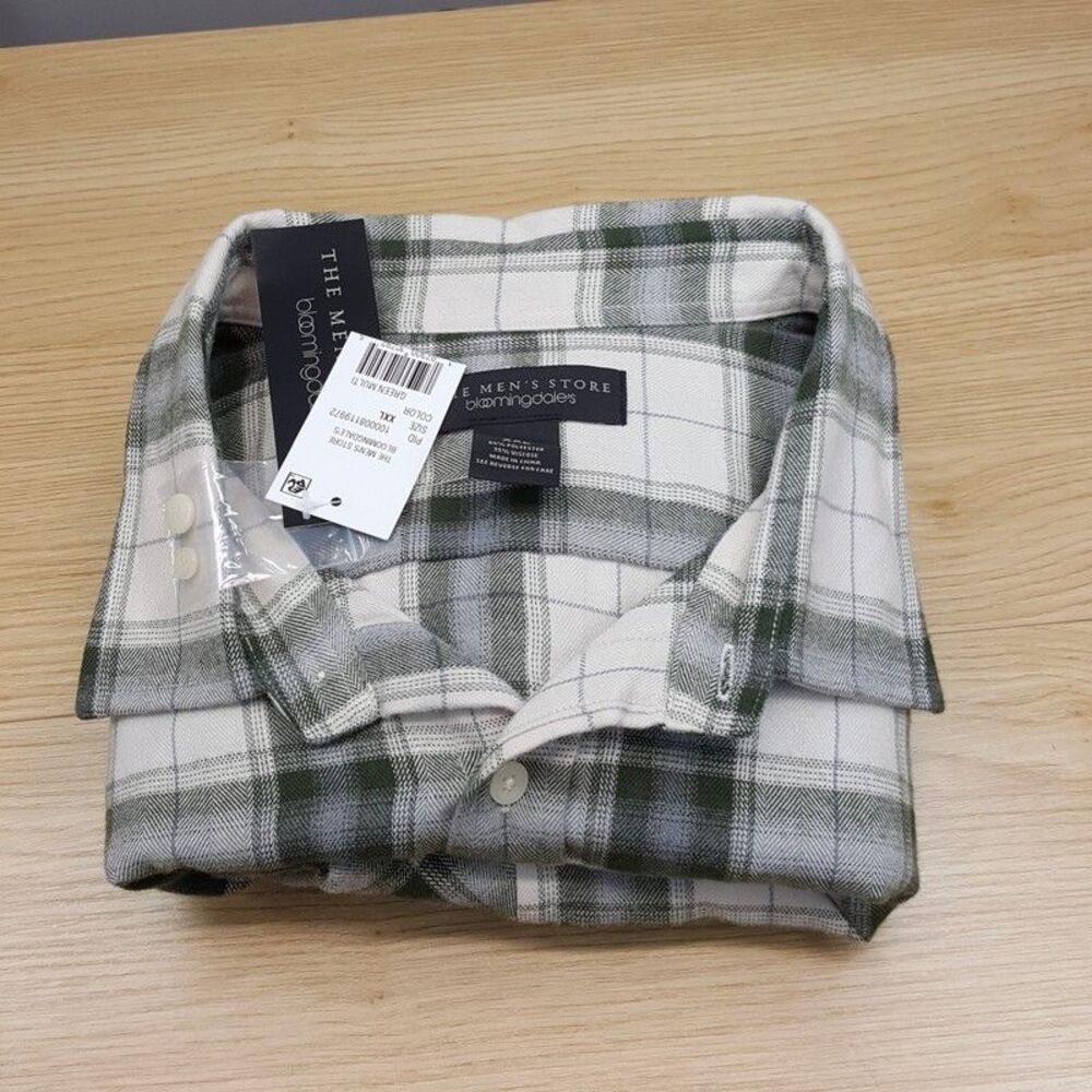 BLOOMINGDALES Shirt Mens XXL Green Cream Check Button Up Long Sleeve Flannel